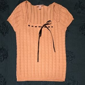 Women's Peach Knit Top with Ribbon Detail